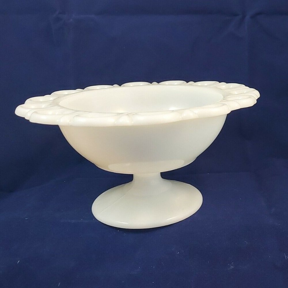 Vintage White Milk Glass Pedestal Footed Candy Dish Compote Bowl Lace Edge